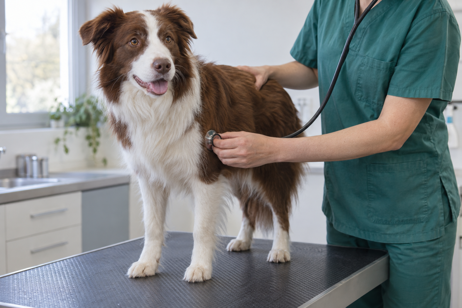 Veterinár vyšetruje psa po pobyte v zimnom počasí